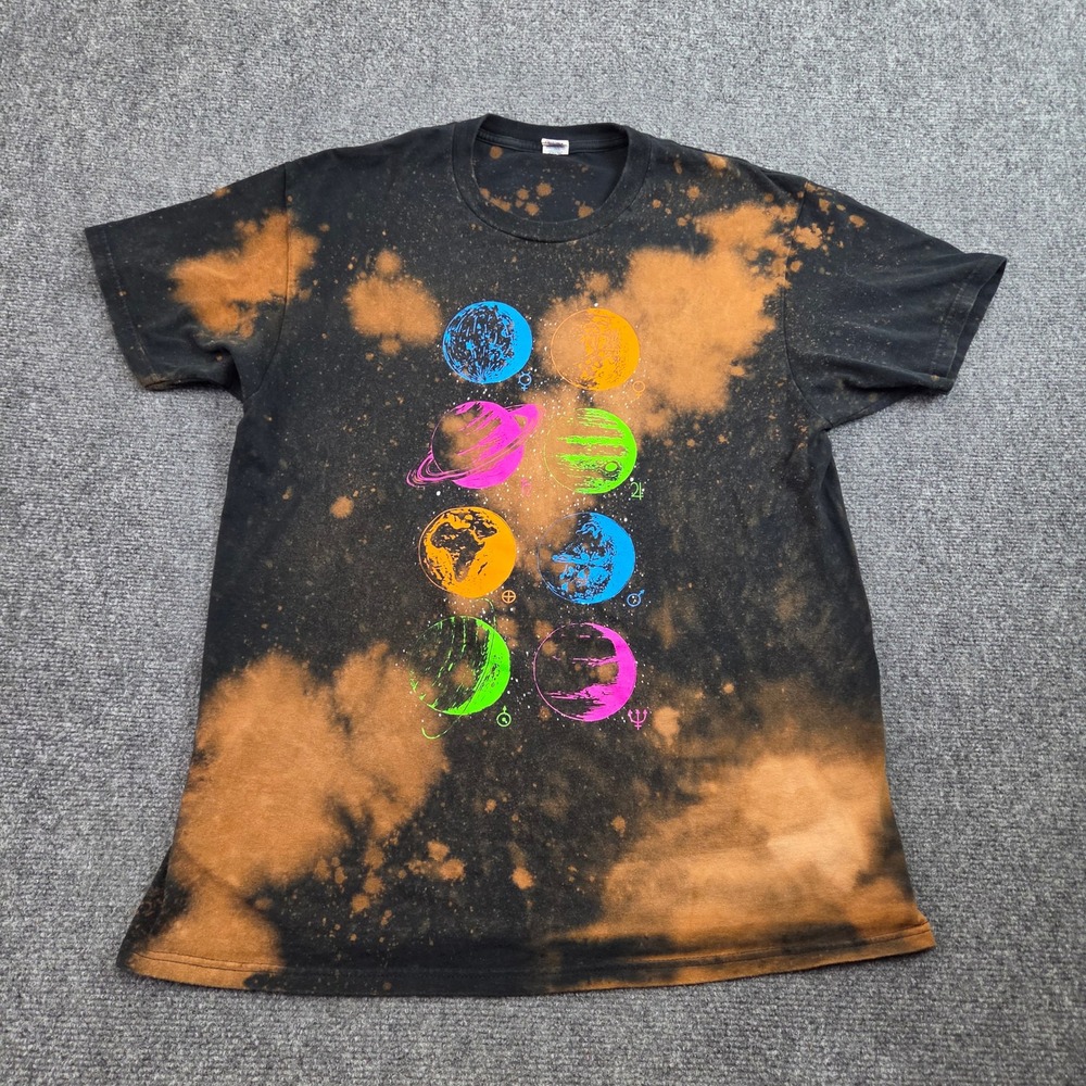 Bleach Dye Neon Planets Tshirt Mens L Black Orange Solar System Graphic Custom‎